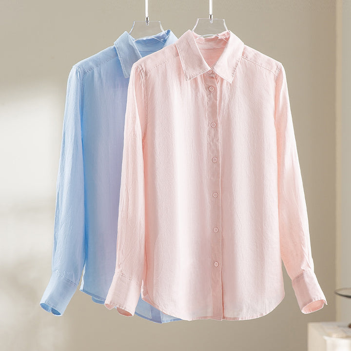 Damen Locker fallende Leinenmix-Bluse mit Hemdkragen und Manschetten Echoarchiv