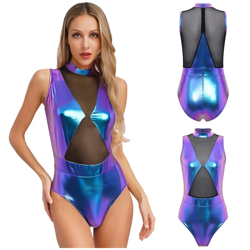 Damen Einteiler Badeanzug mit transparenten Einsätzen und schimmerndem Design Echo Archiv