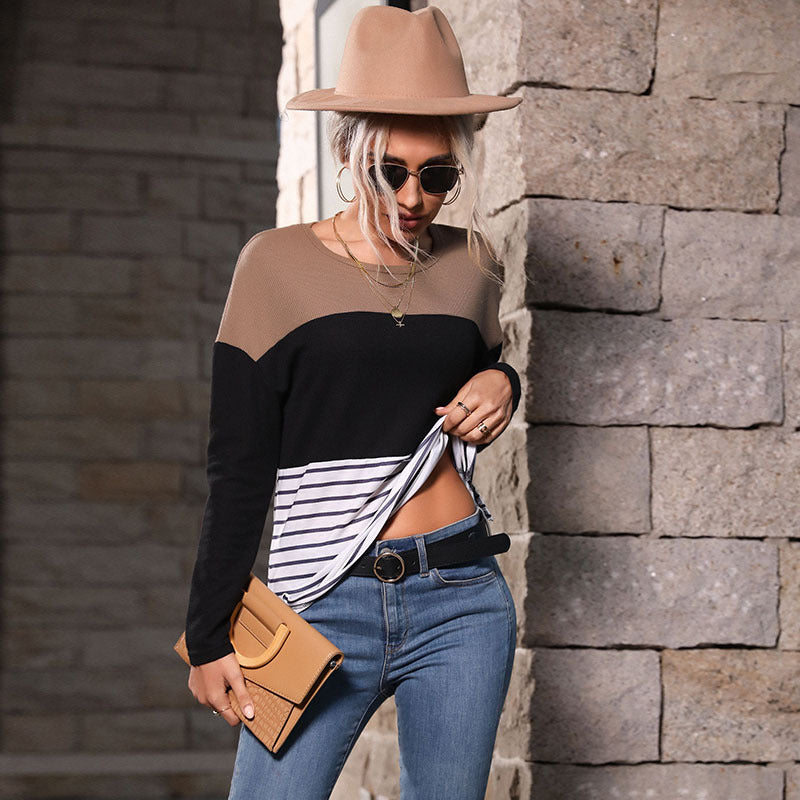 Damen Leichtes Rundhals‑Strickshirt mit Waffelstruktur‑Schulter und maritimem Streifenbund Echoarchiv