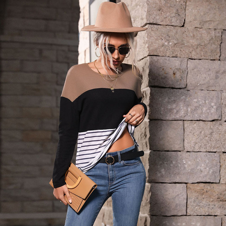 Damen Leichtes Rundhals‑Strickshirt mit Waffelstruktur‑Schulter und maritimem Streifenbund Echoarchiv