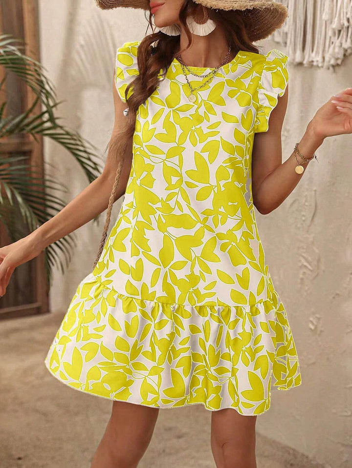 Damen Leichtes Stufen‑Kurzkleid mit Rüschenärmeln und botanischem Print Echo Archiv
