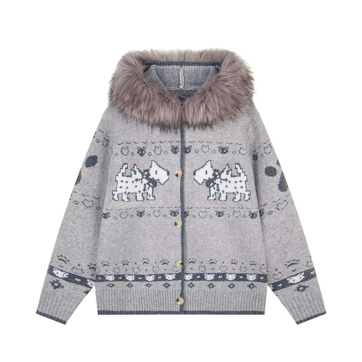 Damen Gemütliche Strickjacke mit Tiermuster und Pelzkragen Echoarchiv