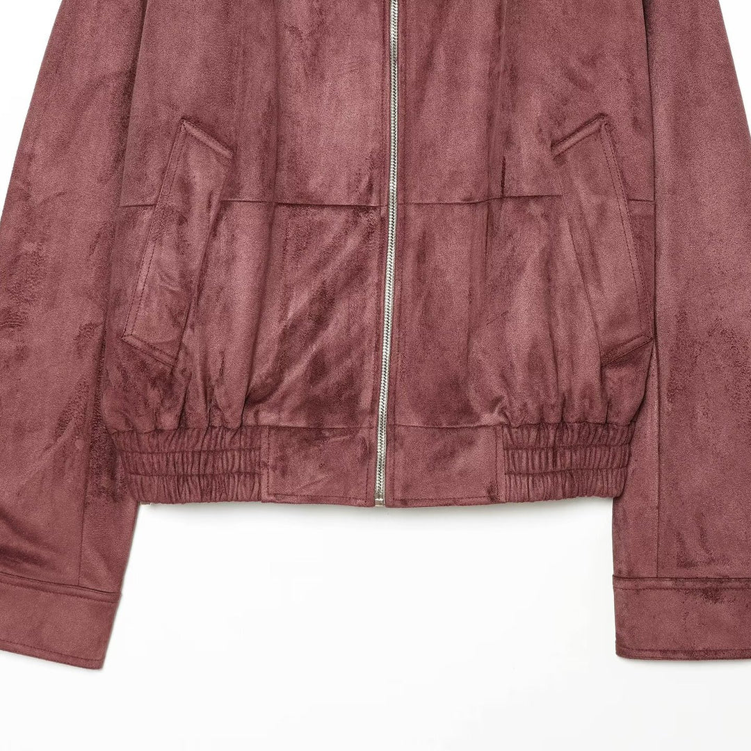 Damen Kurzjacke im Bomberstil aus Veloursleder-Optik mit hohem Stehkragen und Kängurutaschen Echoarchiv