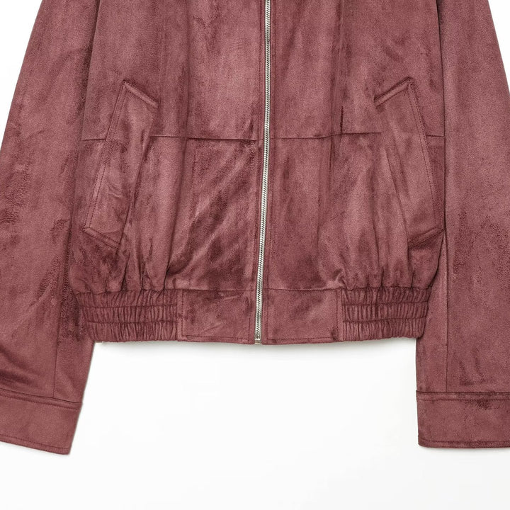 Damen Kurzjacke im Bomberstil aus Veloursleder-Optik mit hohem Stehkragen und Kängurutaschen Echoarchiv