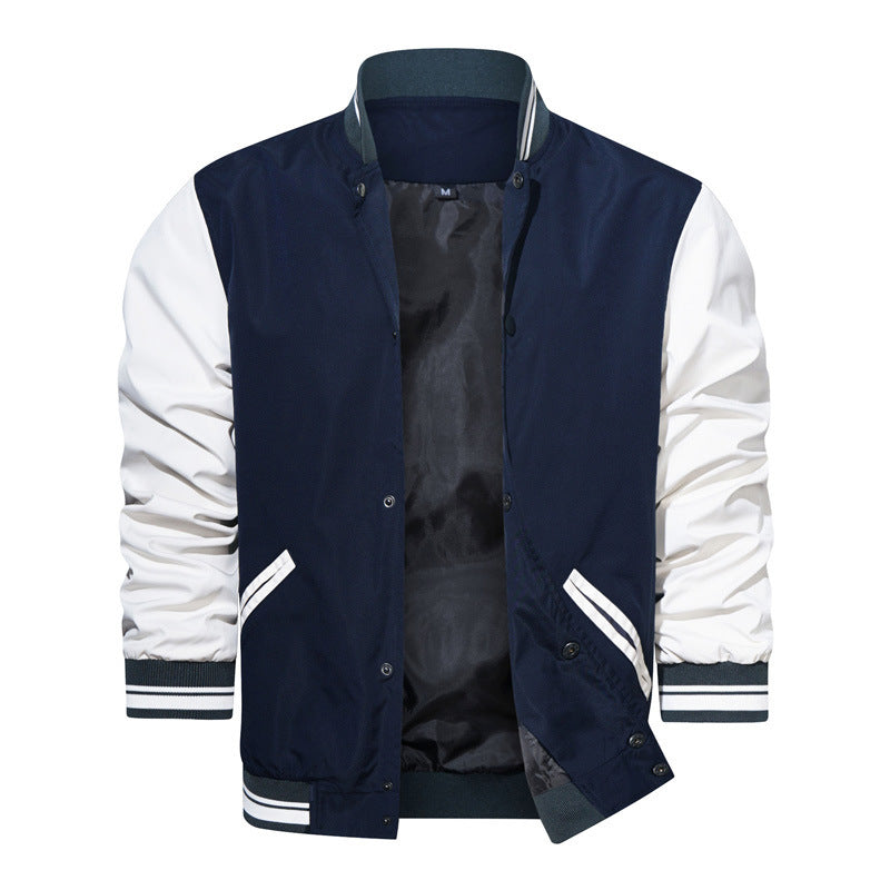 Herren College-Bomberjacke im Varsity-Stil mit Kontrastärmeln, Druckknopf‑Front und gerippten Bündchen – Brevano