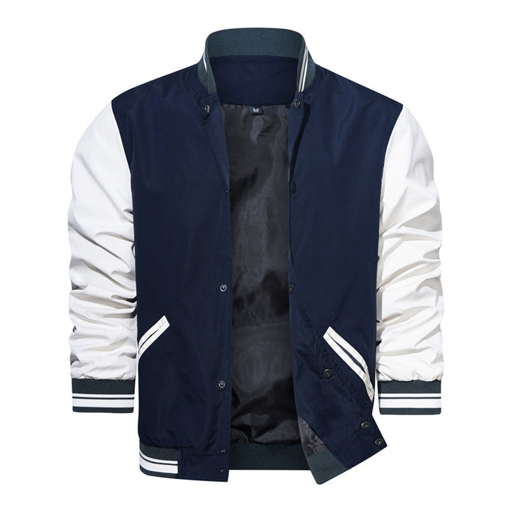 Herren College-Bomberjacke im Varsity-Stil mit Kontrastärmeln, Druckknopf‑Front und gerippten Bündchen – Brevano
