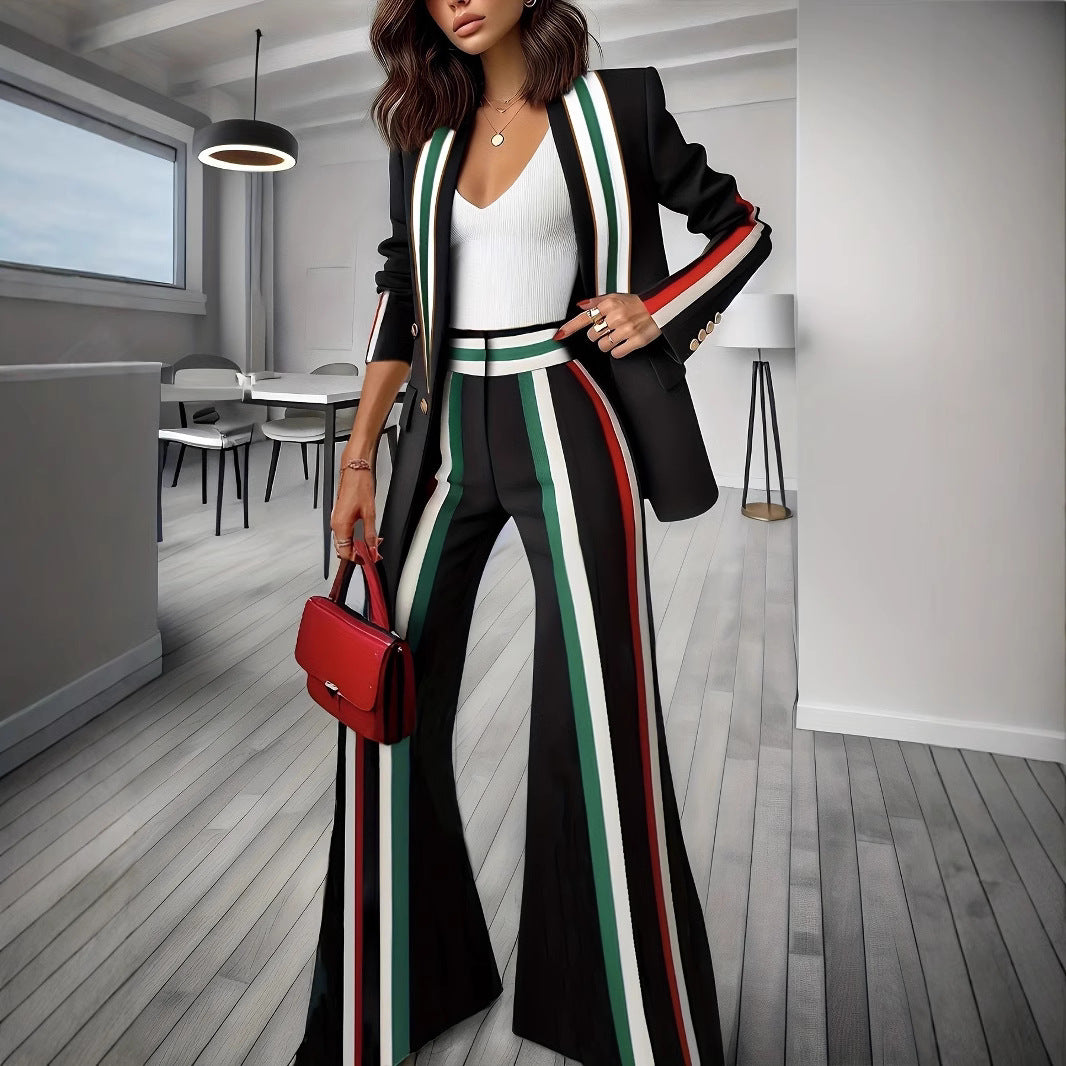 Damen Elegantes Blazer‑Hosenensemble mit seitlichen Kontraststreifen und weitem Schlag – Valéne