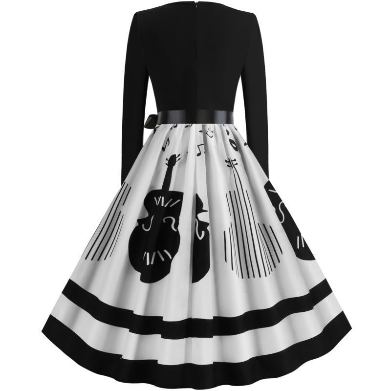 Damen Swing-Kleid im Retro-Stil mit instrumentalem Print, tailliertem Oberteil und voluminösem Tellerrock – Élara