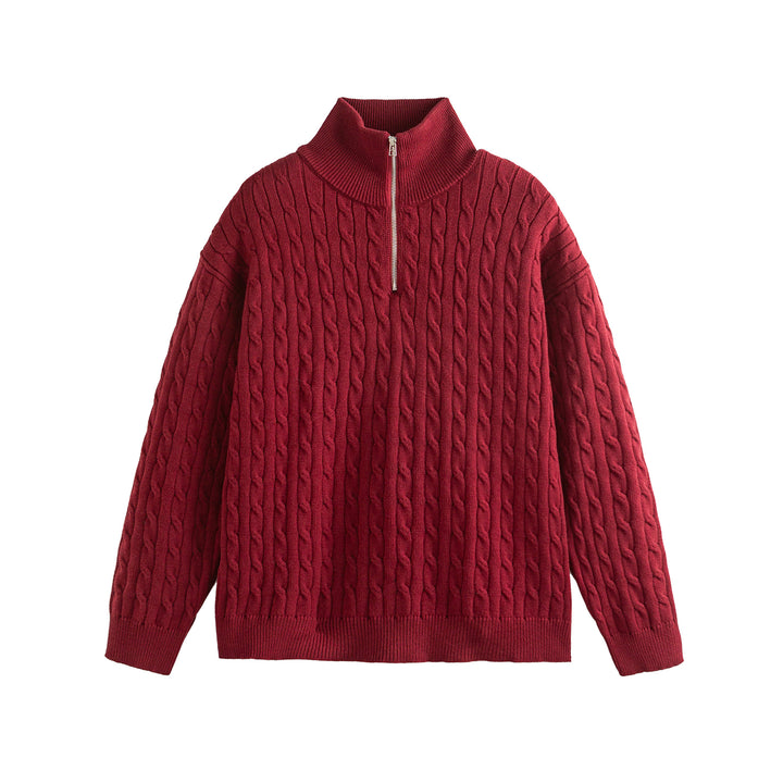 Unisex Grobgestrickter Zopfmuster-Pullover mit Halbzip und hohem Rippkragen Echoarchiv