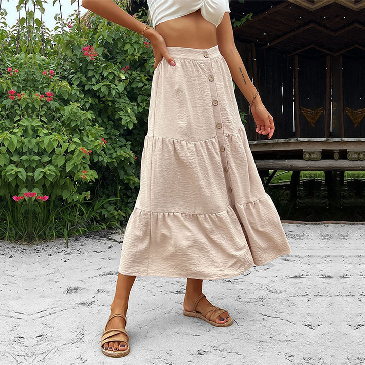 Damen Stufen-Midirock mit durchgehender Knopfleiste und hohem Bund – Rosévia