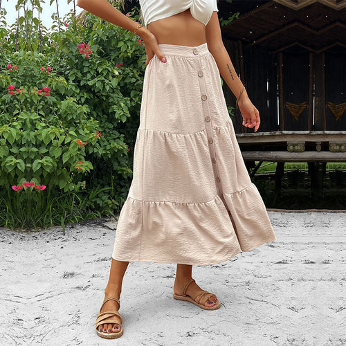 Damen Stufen-Midirock mit durchgehender Knopfleiste und hohem Bund – Rosévia