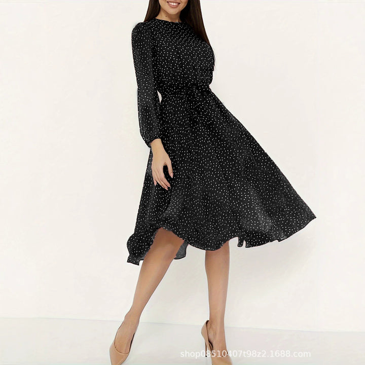 Damen Midikleid mit Punkten, taillierter Bindegürtel und Volantrock – Élara