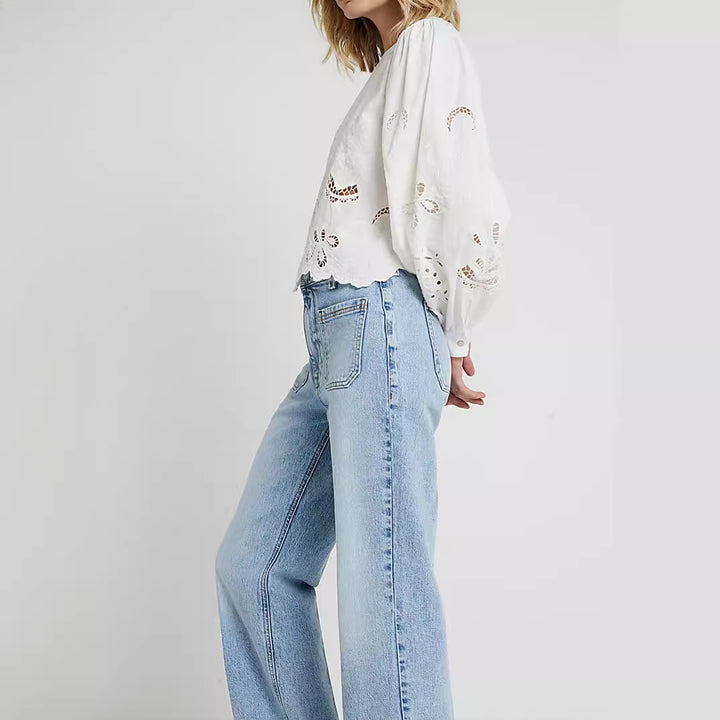 Damen Baumwollbluse mit Broderie Anglaise und Ballonärmeln – Avérine