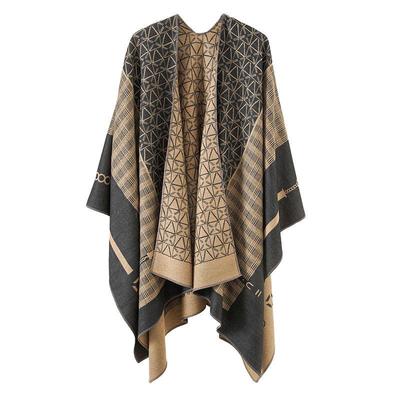 Damen Geometrisches Jacquard-Ruana-Cape aus Wollmix mit offener Kimono-Silhouette – Montévia