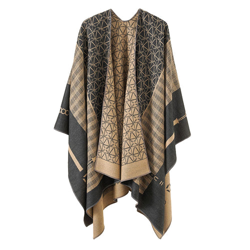 Damen Geometrisches Jacquard-Ruana-Cape aus Wollmix mit offener Kimono-Silhouette – Montévia