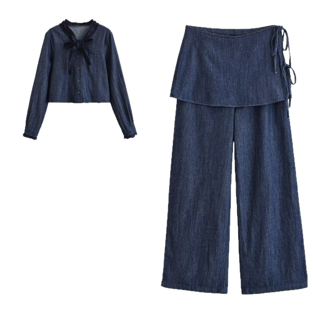 Damen Weite Denim-Hose mit Wickelrock-Overlay und Bindebändern Echo Archiv