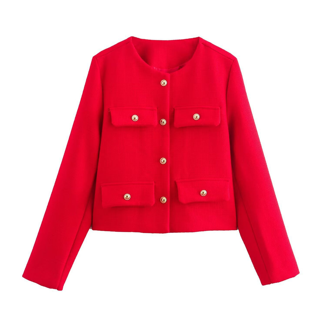 Damen Kurze Bouclé-Blazerjacke mit Rundhalsausschnitt, Zierleistentaschen und goldfarbenen Knöpfen Echo Archiv