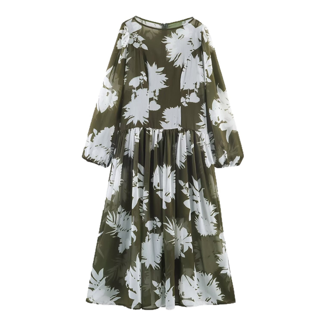 Damen Midikleid mit voluminösen Ballonärmeln, Stufenrock und floralem Print Echoarchiv