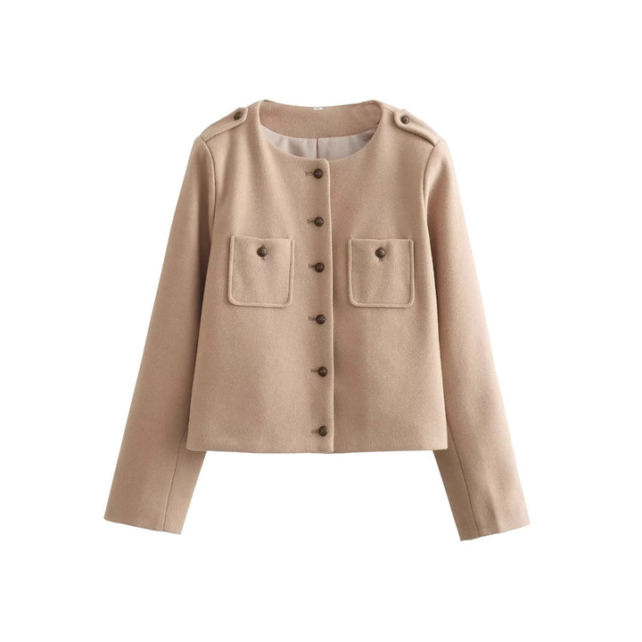 Damen kurze Wolloptik-Jacke mit Rundhalsausschnitt, aufgesetzten Pattentaschen und Schulterpatten – Célinea