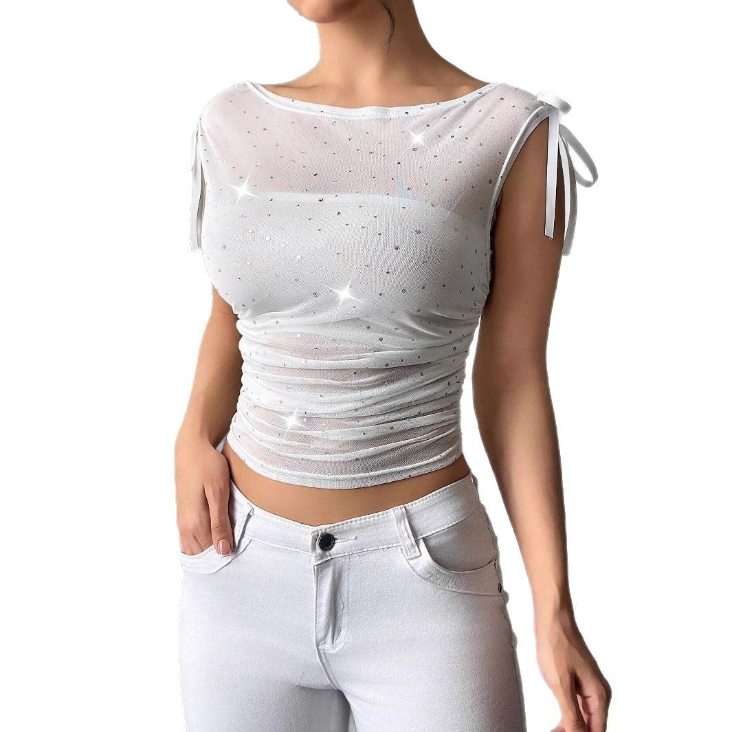 Damen nan transparentes Netz-Oberteil mit funkelnden Glitzersteinen, Schulterknoten und Taillenraffung Echo Archiv