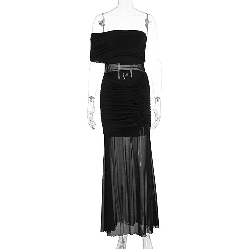 Damen Off-Shoulder Maxikleid mit transparenten Elemente und Raffung Echo Archiv