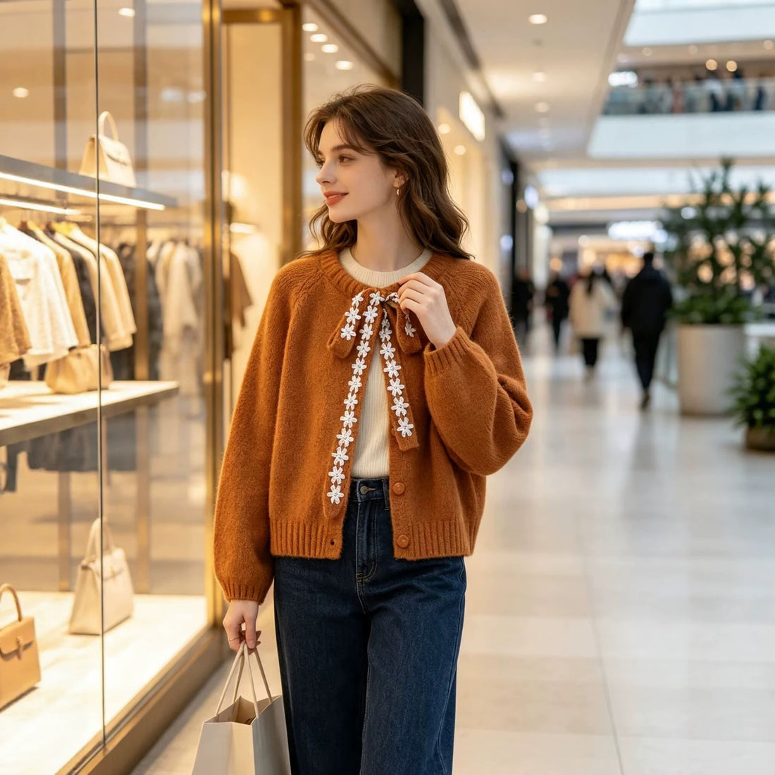 Damen Oversize Strickpullover mit dekorativem Blumen-Spitzenband Echoarchiv