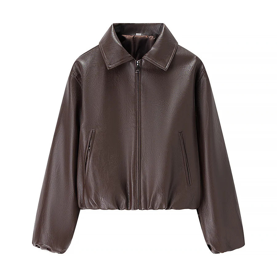 Damen cropped Glanz-Kunstlederjacke im Bomberstil mit Hemdkragen und elastischem Saum – Avenza