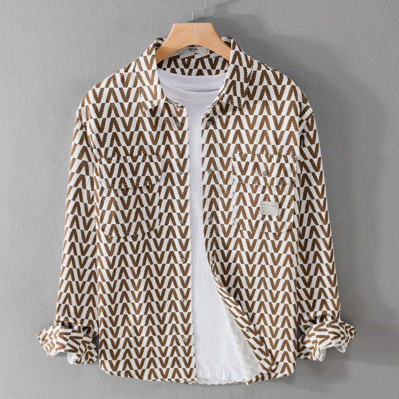 Herren Gemustertes Overshirt aus Baumwollmix mit geometrischem V‑Muster, aufgesetzten Brusttaschen und Relaxed‑Fit Echoarchiv
