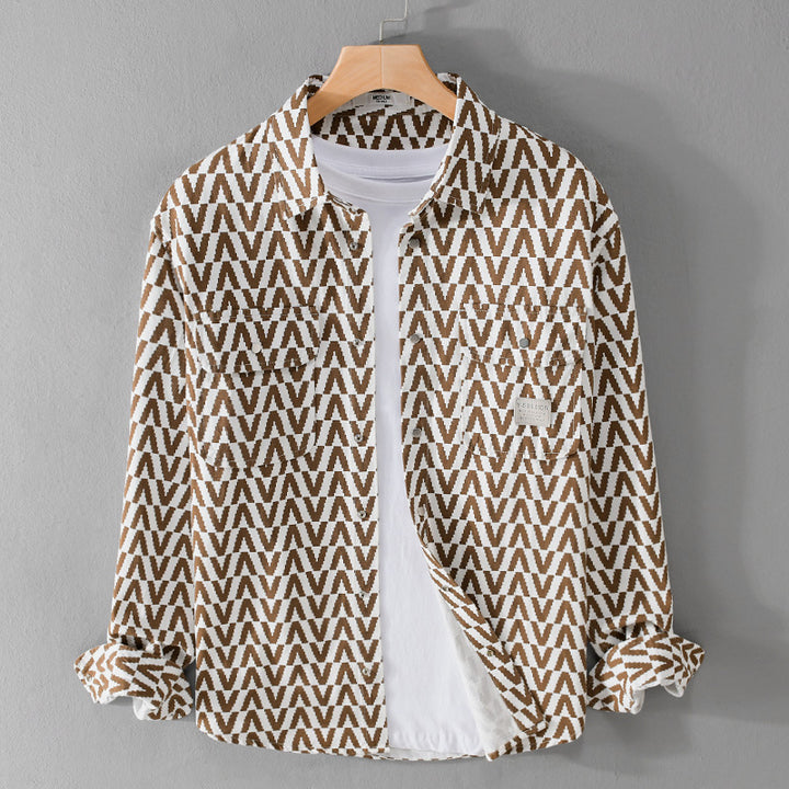 Herren Gemustertes Overshirt aus Baumwollmix mit geometrischem V‑Muster, aufgesetzten Brusttaschen und Relaxed‑Fit Echoarchiv