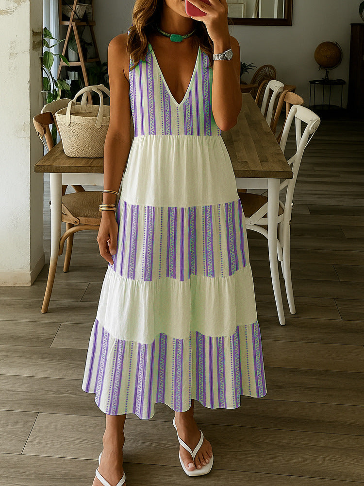 Damen Sommerliches Maxikleid mit tiefem V-Ausschnitt und breitem Rock Echo Archiv