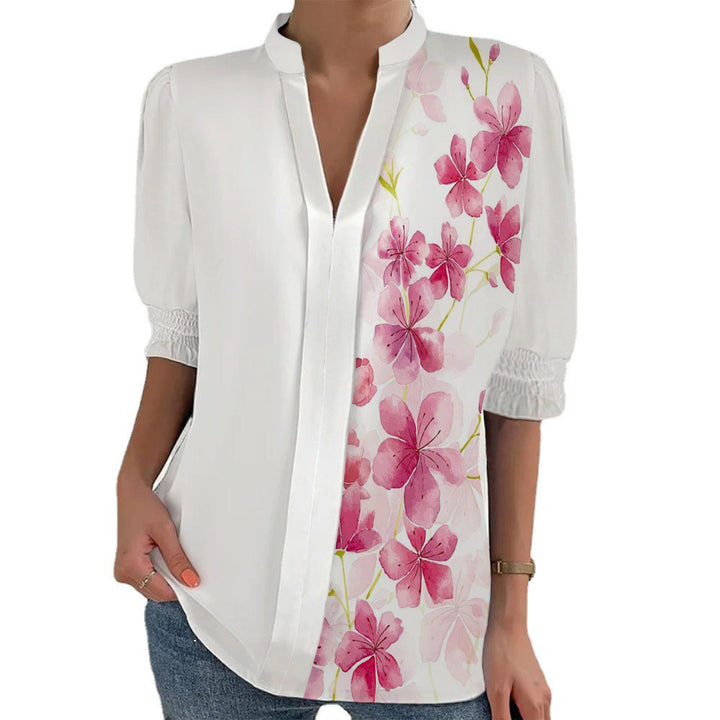 Damen Blumenprint Tunika-Bluse mit Stehkragen, geschlitzter V‑Blende und gerafften 3/4-Ärmeln – Élovi
