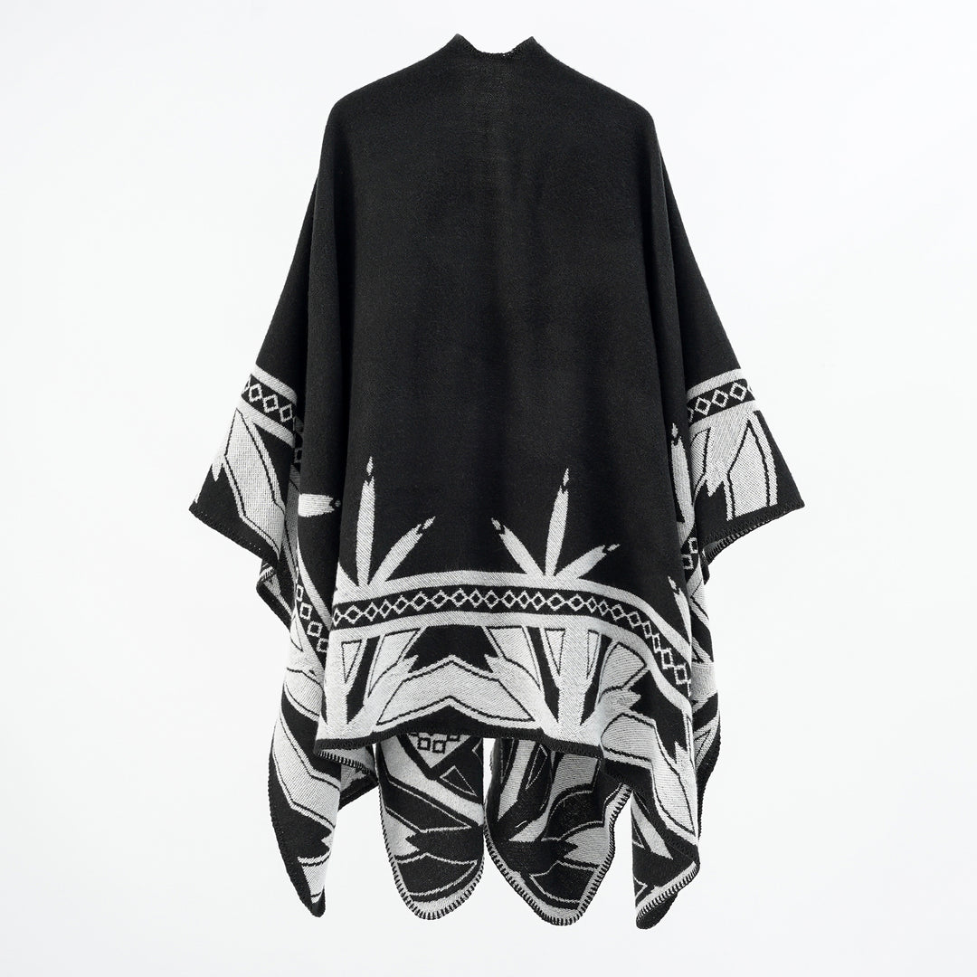 Damen Grobgewebter Umhangponcho aus Wollmix mit V-Ausschnitt und Ornamentjacquard – Veloura