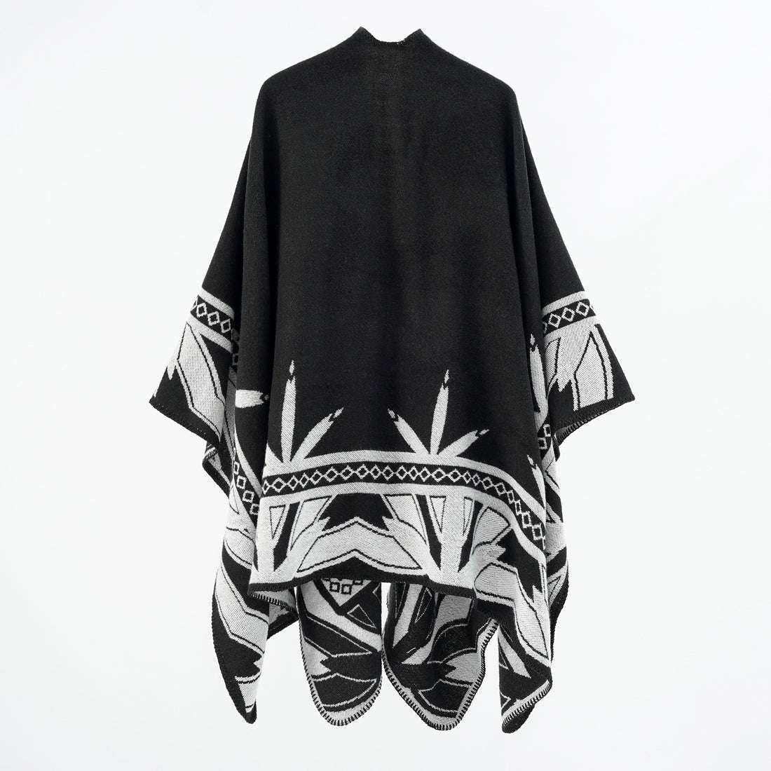 Damen Grobgewebter Umhangponcho aus Wollmix mit V-Ausschnitt und Ornamentjacquard – Veloura
