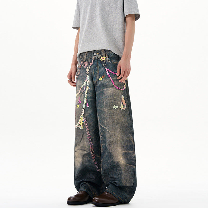 Herren Baggy-Denim-Jeans mit handbemaltem Kettenprint und Applikationen Echo Archiv