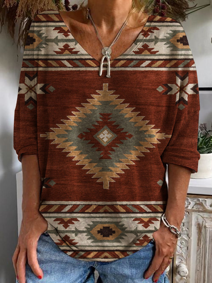 Damen Aztekisch gemustertes Oversize-Tunika-Top mit V-Ausschnitt und dreiviertel-Ärmeln – Avérine