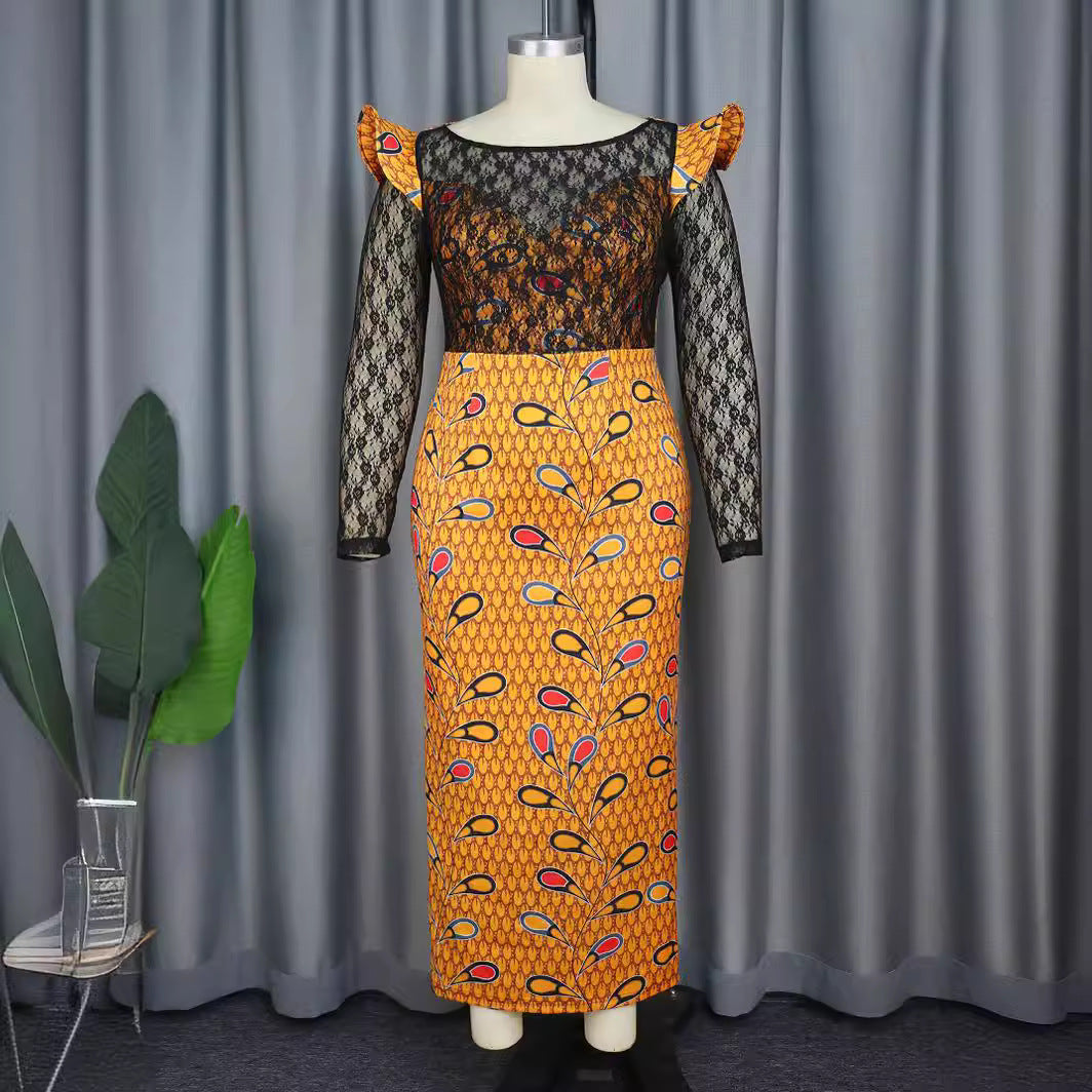 Damen Elegantes Langarmkleid mit floralem Muster und transparenter Spitzeneinlage Echo Archiv