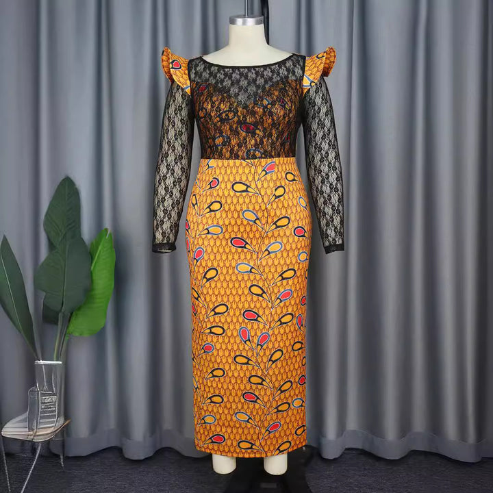Damen Elegantes Langarmkleid mit floralem Muster und transparenter Spitzeneinlage Echo Archiv