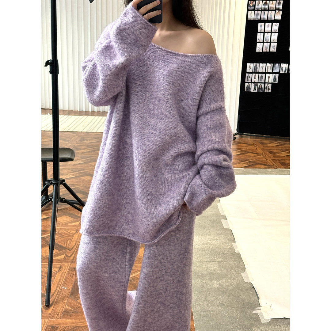 Damen Flauschiges Oversize Off-Shoulder Strick-Loungewear-Set mit weiter Silhouette Echoarchiv