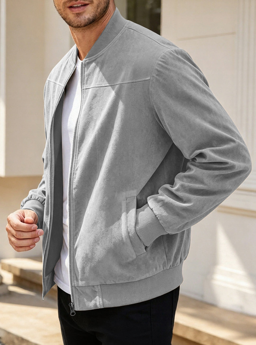 Herren Leichte Bomberjacke im Velours-Look mit Reißverschluss und Rippbündchen Echoarchiv