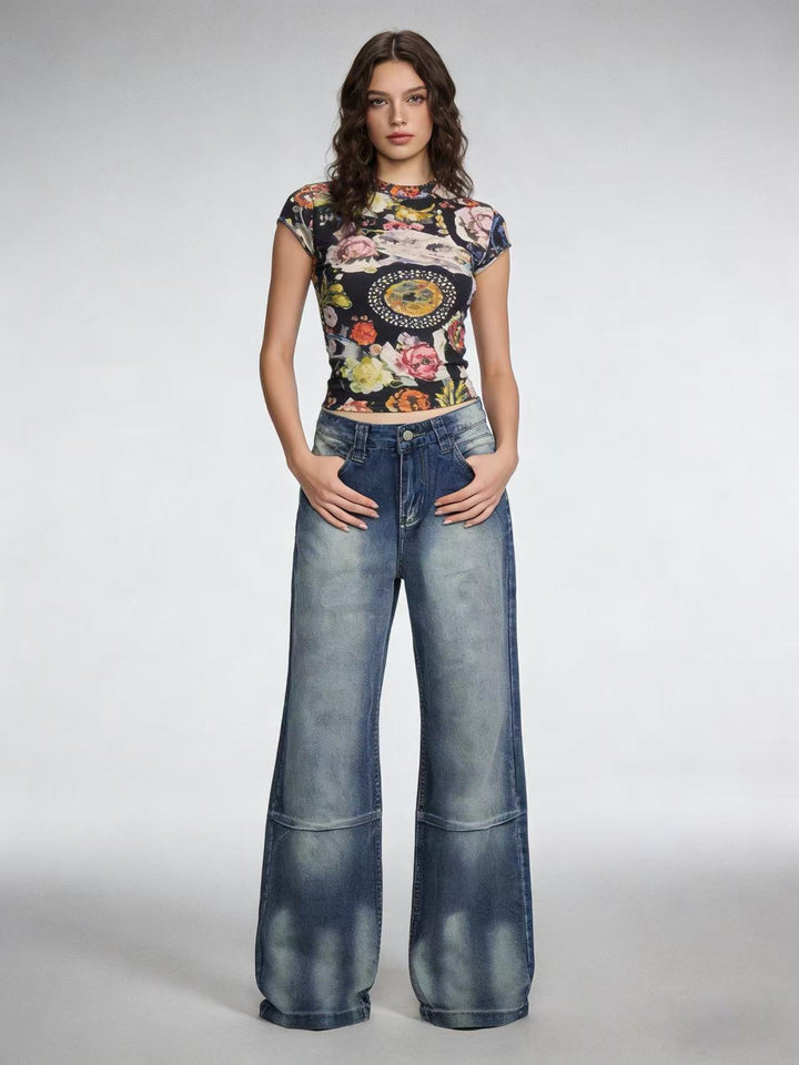 Damen Schlagjeans mit weitem Bein und modischen Waschungseffekten Echo Archiv
