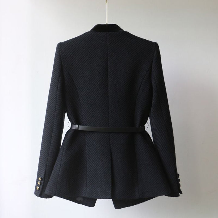Damen Elegante Bouclé-Blazerjacke mit Samtbesatz und Taillengürtel – Valéne
