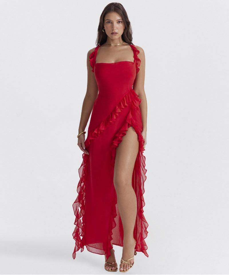 Damen nan langes Abendkleid mit quadratischem Ausschnitt, Schulter-Rüschenträgern und hoher Beinschlitze Echo Archiv