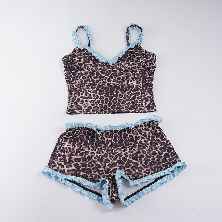 Damen Pyjama-Set mit verspieltem Leopardenmuster und Rüschendetails Echo Archiv