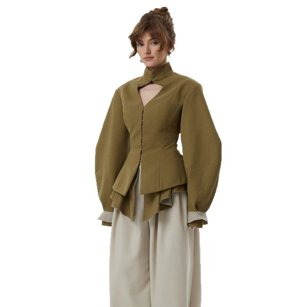 Damen taillierte Jacke mit Stehkragen, Cut-Out und Ballonärmeln Echoarchiv