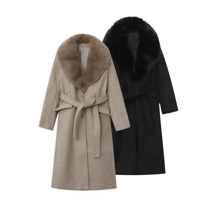 Damen eleganter Mantel mit großem abnehmbaren Schalkragen aus Fauxfur, Wickelgürtel und verdeckter Knopfleiste – Montévia