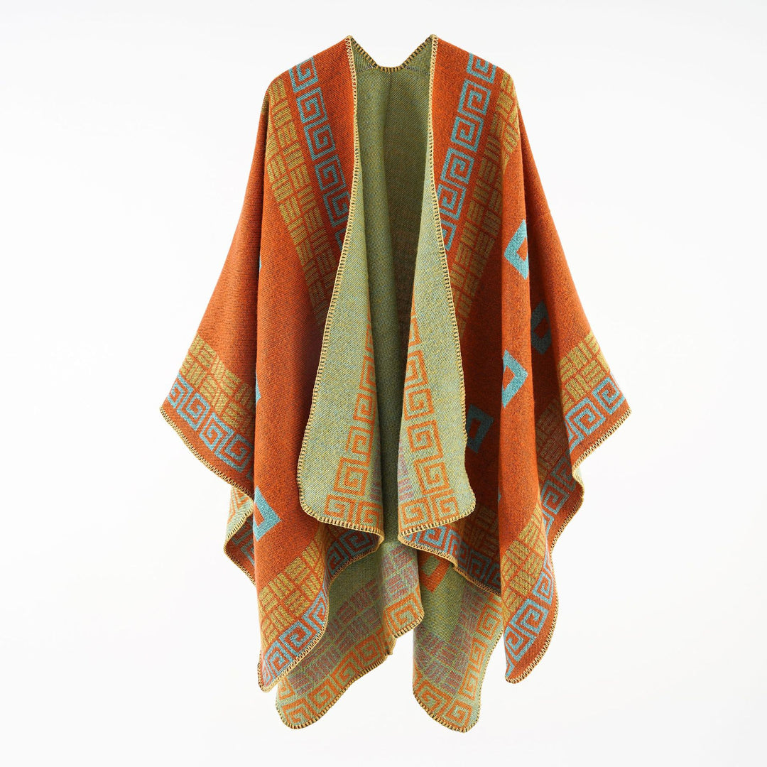 Damen Kastiger Wollmix-Ruana mit kontrastiertem Innenfutter und grafischem Jacquard Echo Archiv