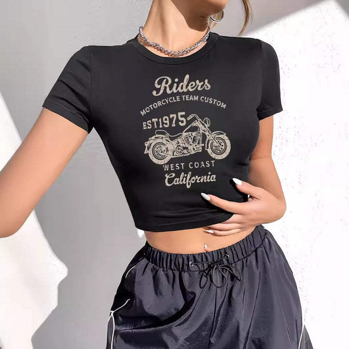 Damen Crop-T-Shirt mit individuellem Motorradmotiv und elegantem Schriftzug Echo Archiv