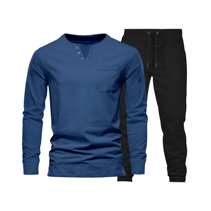 Herren Langarm‑Henley Loungewear‑Set mit Brusttasche und tapered Jogginghose – Marzano