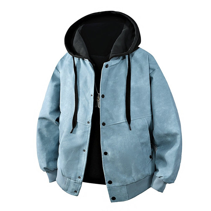 Herren Veloursleder‑Optik Kapuzenjacke mit Druckknopfblende, Oversize‑Schnitt & gerippten Bündchen Echoarchiv