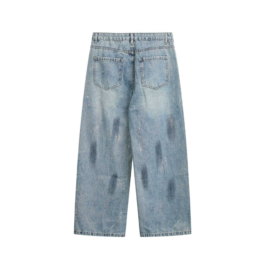 Damen weite Cropped-Jeans hochtailliert mit Used‑Effekt und Fleckoptik Echoarchiv